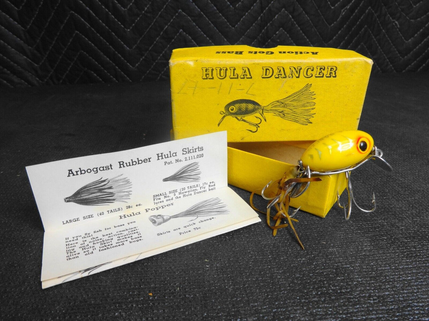 Vintage 1947 Arbogast Hula Dancer Lure With Box & Paperwork in Yellow