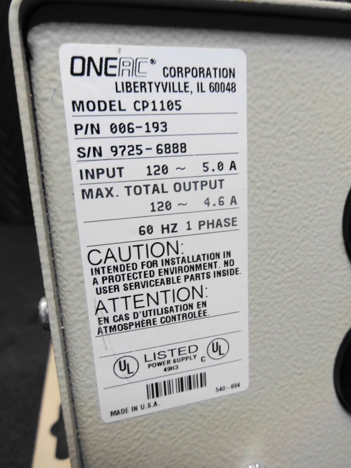 ONEAC CP1105 Power Conditioner Input 120 VAC 3.5A Output 120 VAC 3.2A 60HZ