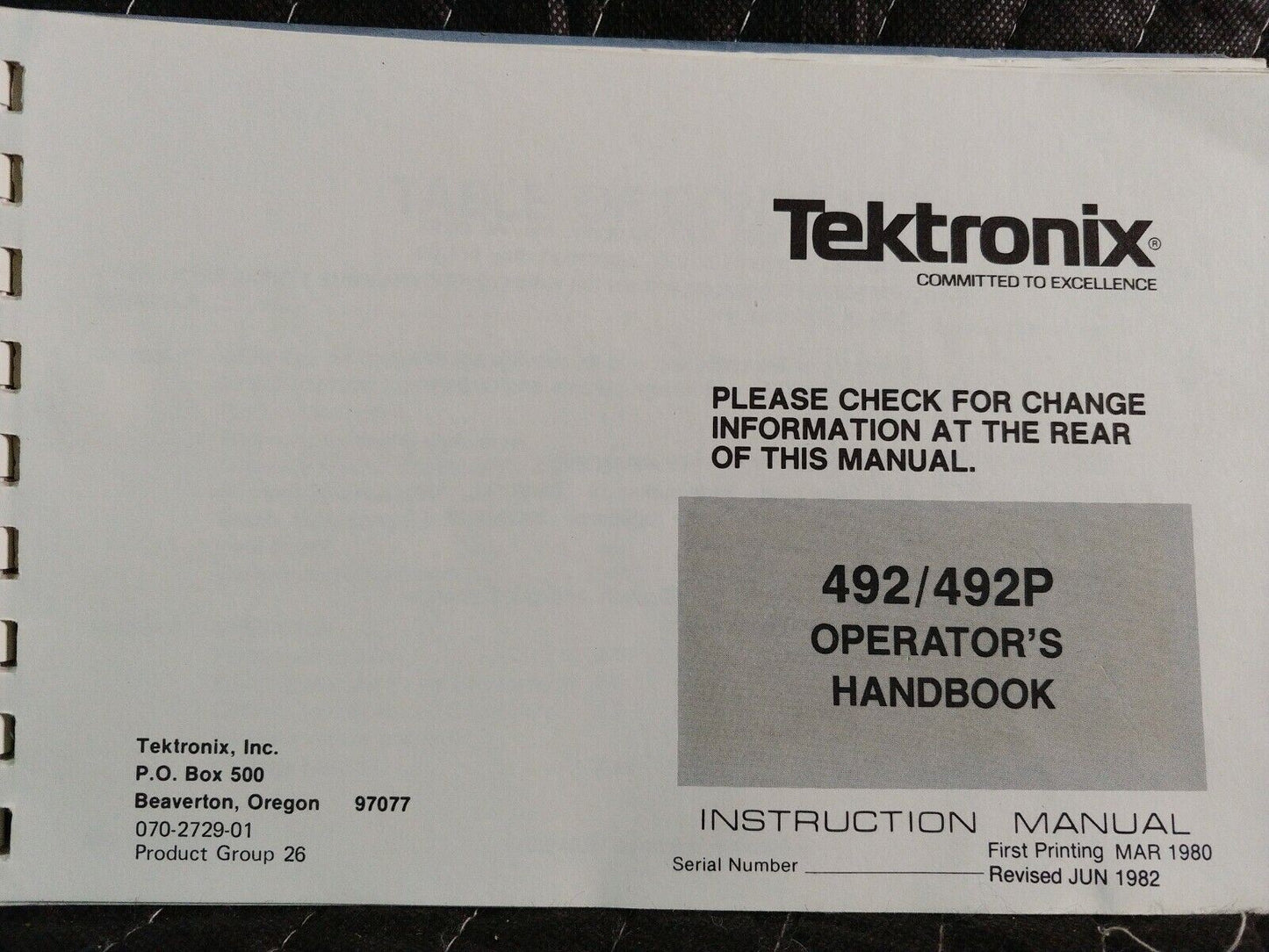 Original Tektronix 492 / 492P Operators Handbook 070-2729-01