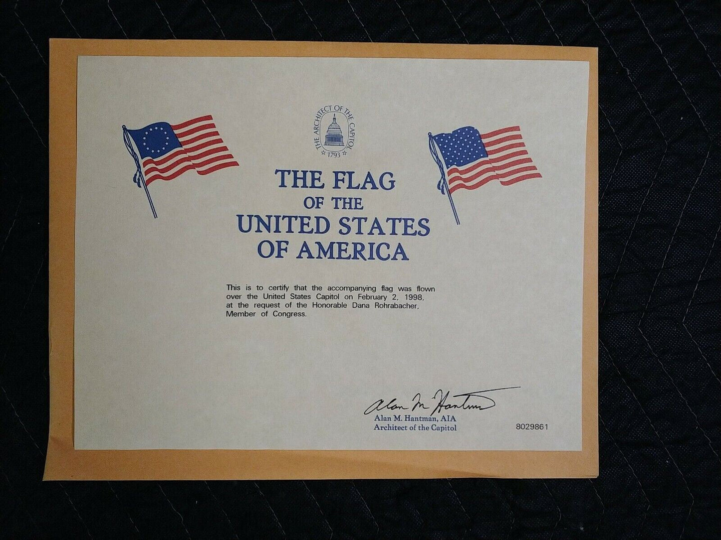 U.S. FLAG  5' x 6'  FLOWN OVER THE U.S. CAPITOL -CERTIFIED w/ COA