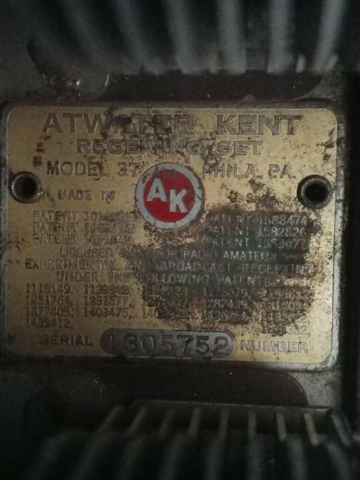 ANTIQUE 1920'S ATWATER KENT TUBE RADIO MODEL 37. For Parts Or Restoration!