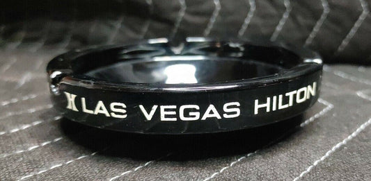 Vintage LAS VEGAS HILTON HOTEL CASINO Souvenir Black Glass Ashtray ELVIS Col Tom