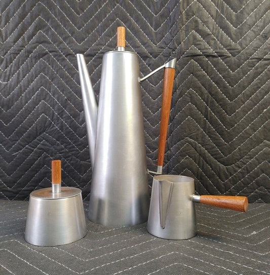 Mid Century Modern Kalmar Stainless Steel Teak Coffee Sugar Creme Serving Tea