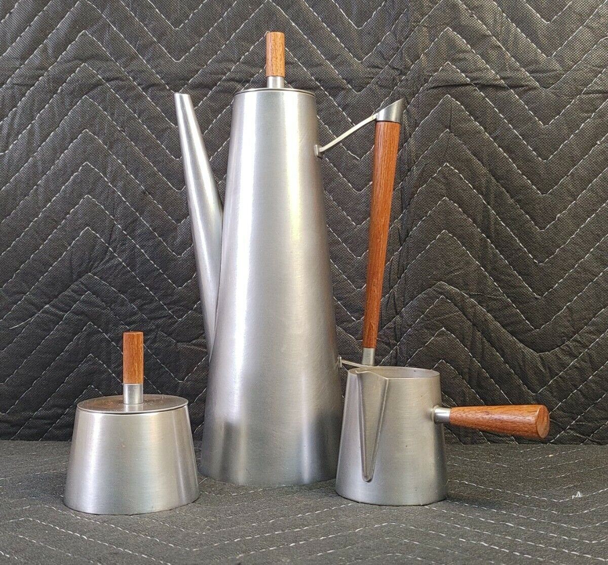 Mid Century Modern Kalmar Stainless Steel Teak Coffee Sugar Creme Serving Tea