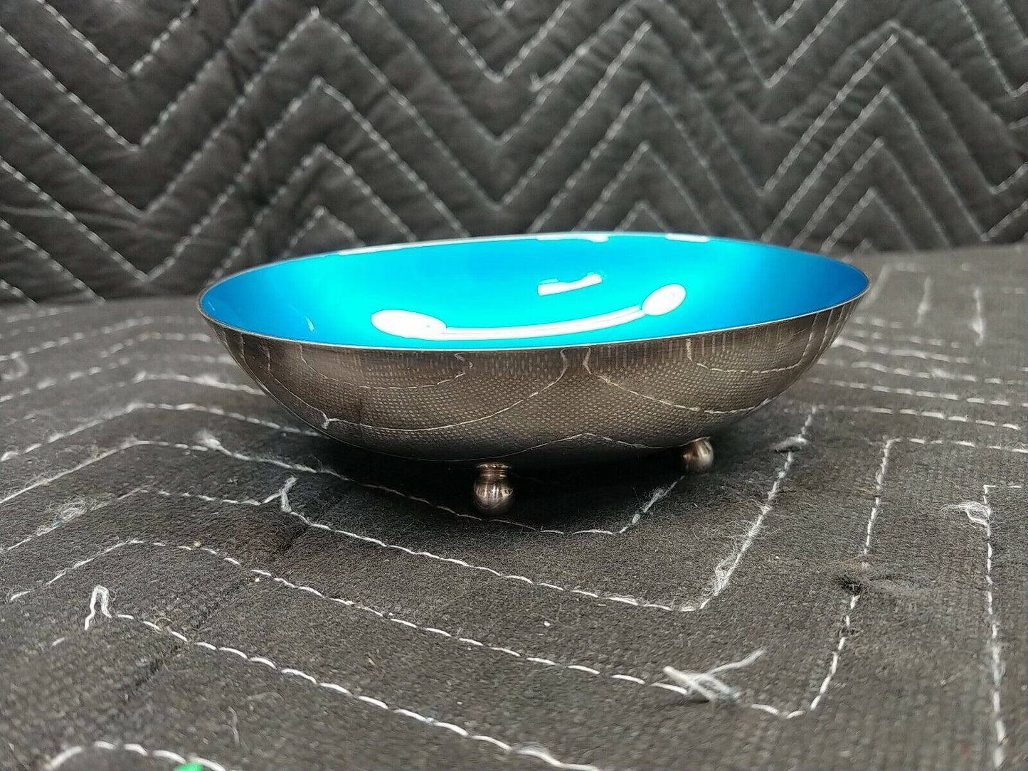 Reed & Barton 143 Silver Plate Oval Footed Bowl Blue Enamel Interior  5"