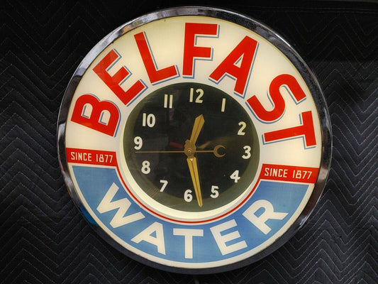 Vintage 50's Original Neon Glo-Dial Belfast Sparkling Water Clock Chrome Bezel