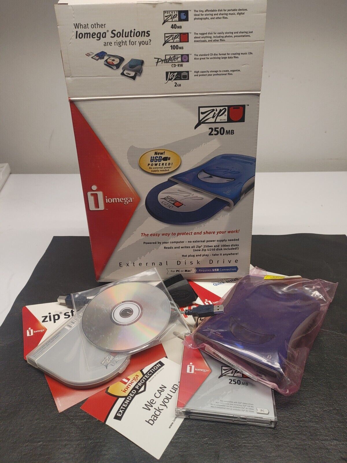 Iomega Zip 250 Drive in Original Box w/ USB Cable, 2 Disks, Software CD & Papers