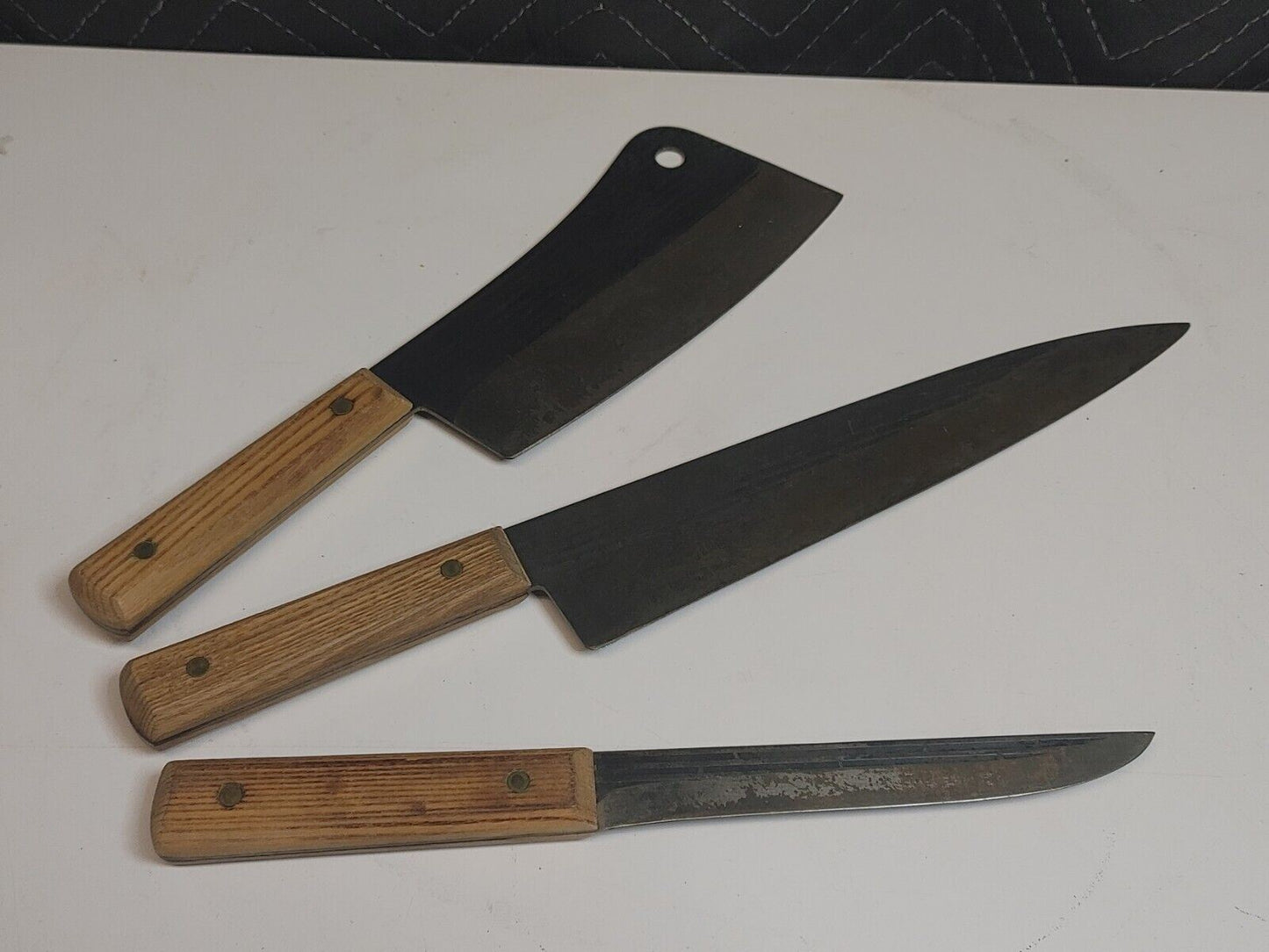 Vintage FORGECRAFT Hi Carbon Steel Full Tang Wood Handled Cleaver Chef Knife Lot