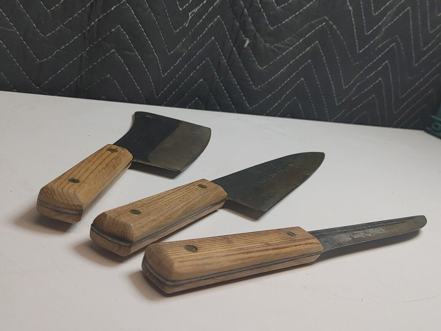 Vintage FORGECRAFT Hi Carbon Steel Full Tang Wood Handled Cleaver Chef Knife Lot