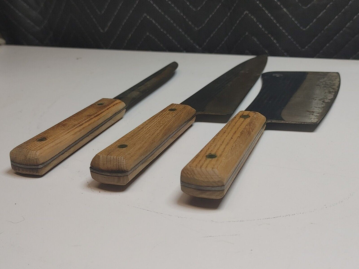 Vintage FORGECRAFT Hi Carbon Steel Full Tang Wood Handled Cleaver Chef Knife Lot