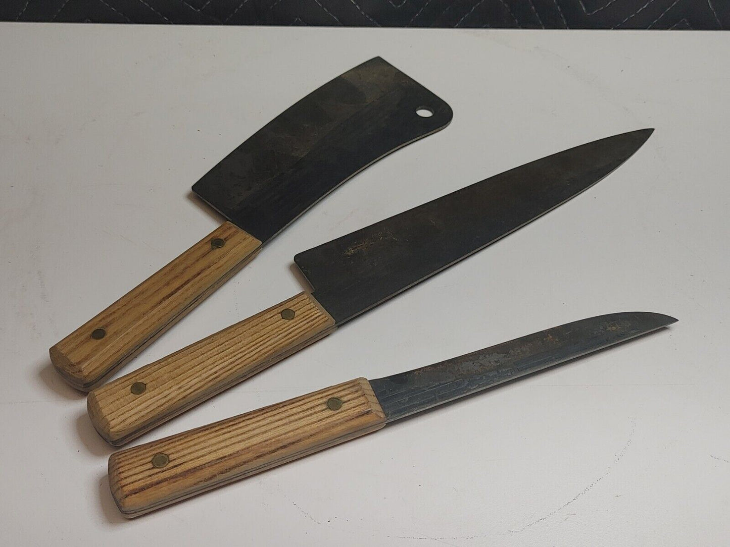 Vintage FORGECRAFT Hi Carbon Steel Full Tang Wood Handled Cleaver Chef Knife Lot