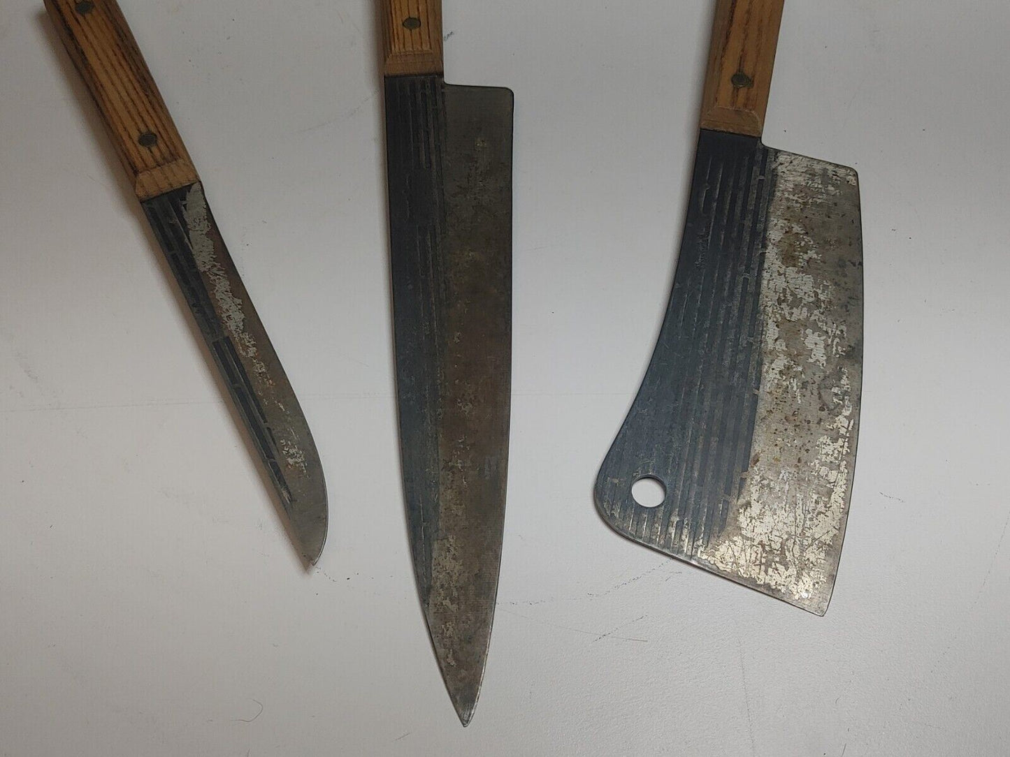 Vintage FORGECRAFT Hi Carbon Steel Full Tang Wood Handled Cleaver Chef Knife Lot