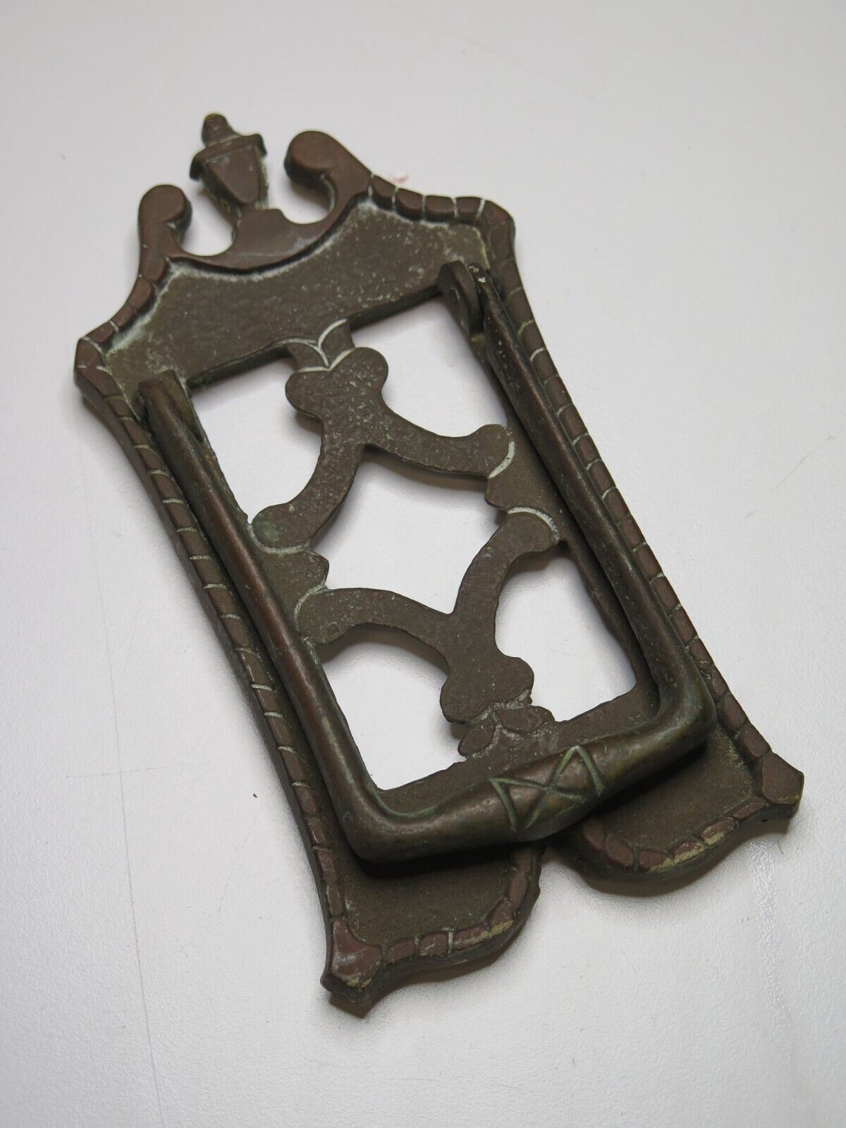 Vintage Architectural Salvage Brass Rectangular Door Knocker - Peep Hole