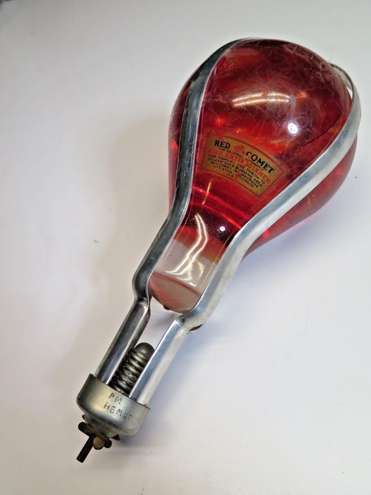 Red Comet Glass Fire Extinguisher, full of fluid w/ Wire Cage
