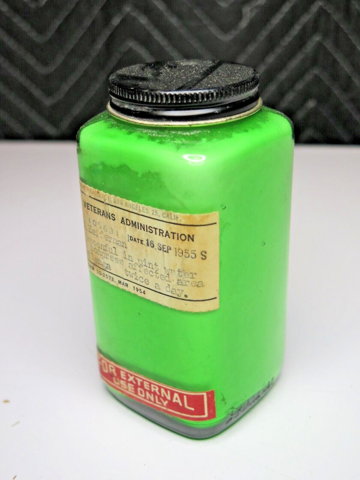 Vtg 1955 Veterans Administration Green Glass Medicine Bottle - 5"