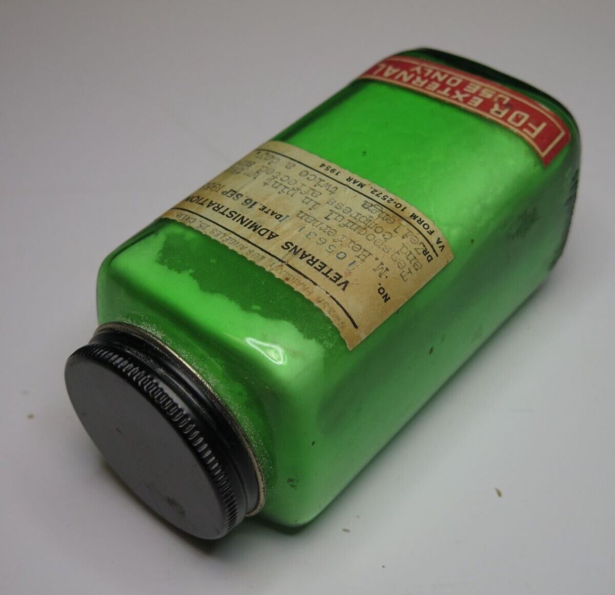 Vtg 1955 Veterans Administration Green Glass Medicine Bottle - 5"