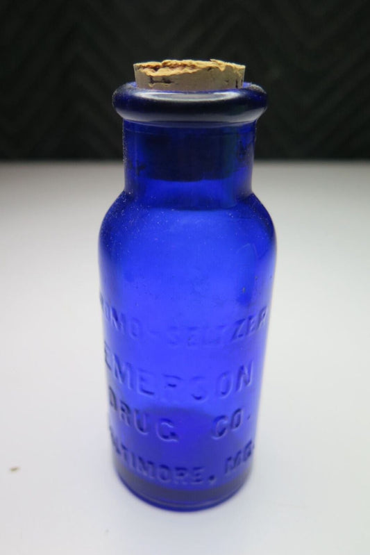 Cobalt BROMO SELTZER Emerson Bottle, Medium 4 inch, Blue Vintage Glass Medicinal