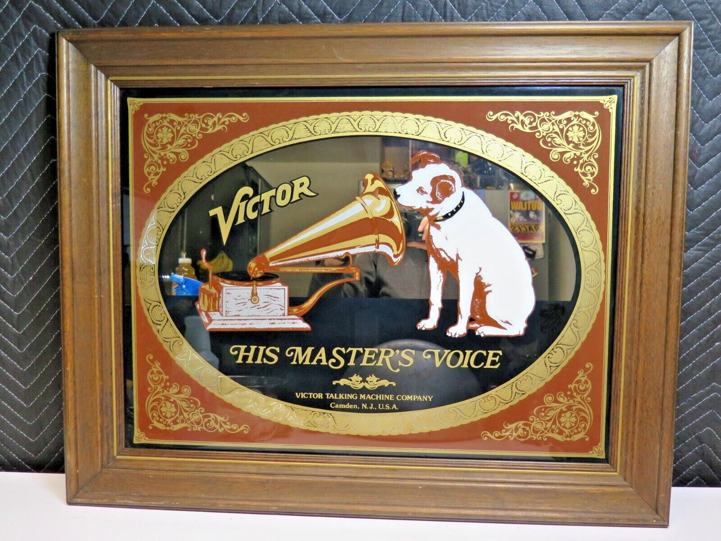 Vintage Framed Victor "His Master's Voice" Nipper Mirror - Sign