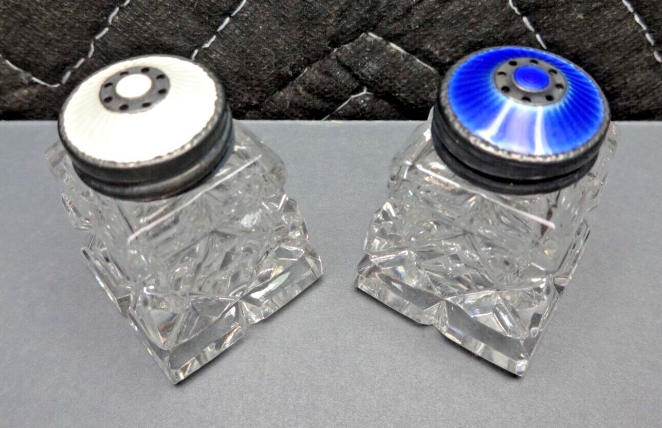 Hroar Prydz Norway Sterling Silver 925 White & Blue Guilloche Enamel Salt Pepper