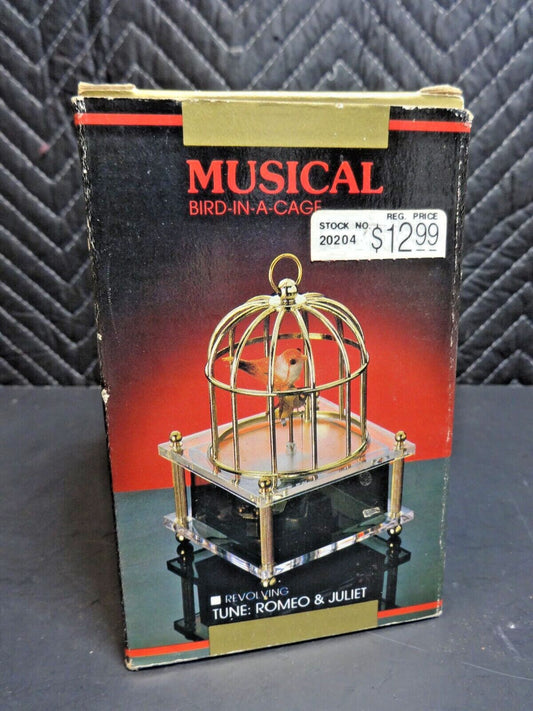 NOS VTG MUSICAL BIRD IN A CAGE BOX PLAYS ROMEO & JULIE TUNE ACTION INDUSTRIES