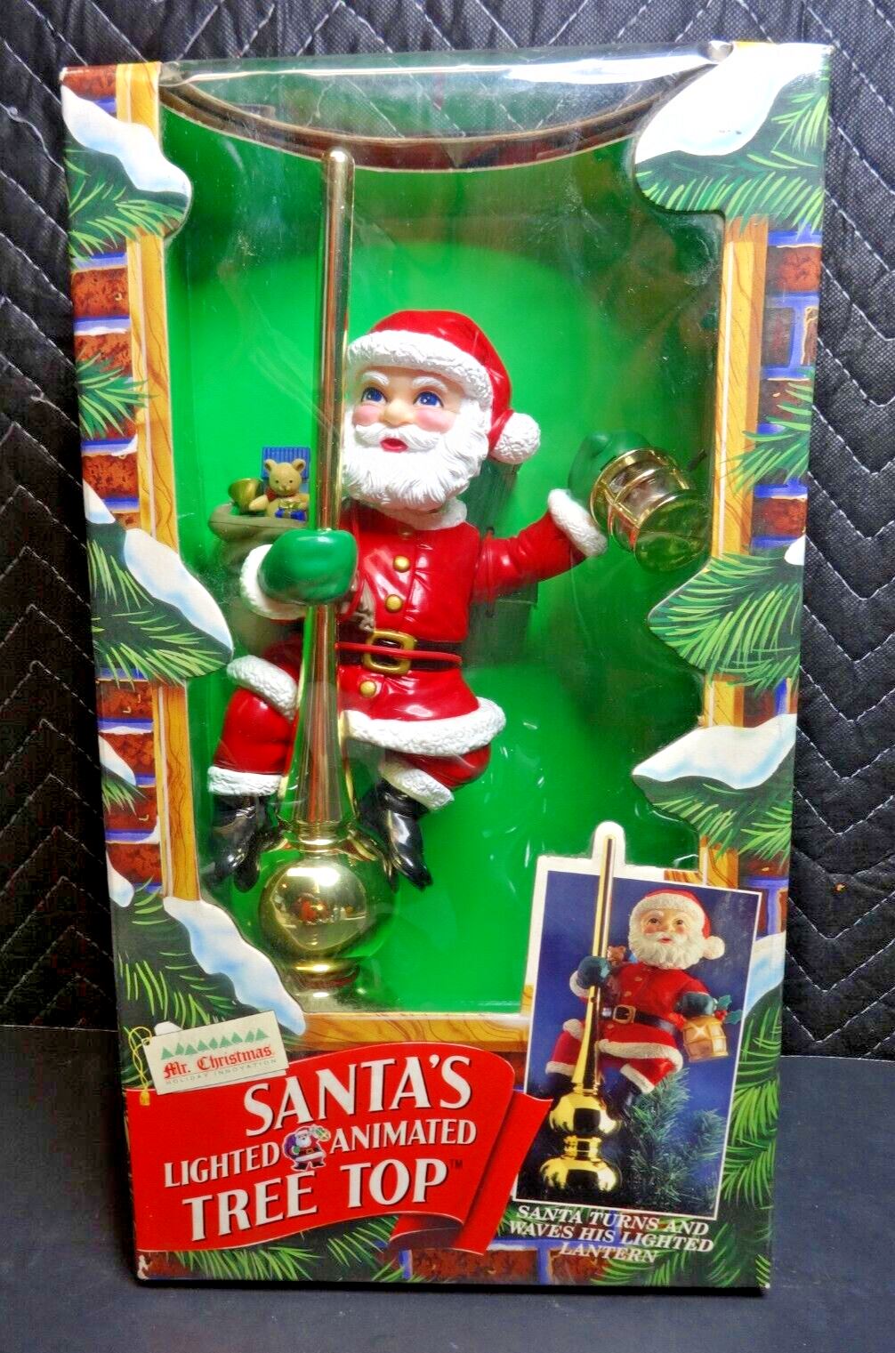 Vintage Mr. Christmas SANTA LIGHTED ANIMATED TREE TOPPER on Gold Pole w/ Lantern