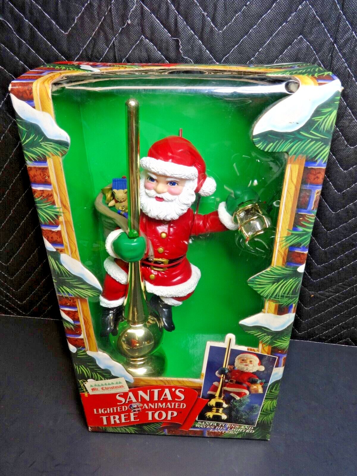 Vintage Mr. Christmas SANTA LIGHTED ANIMATED TREE TOPPER on Gold Pole w/ Lantern