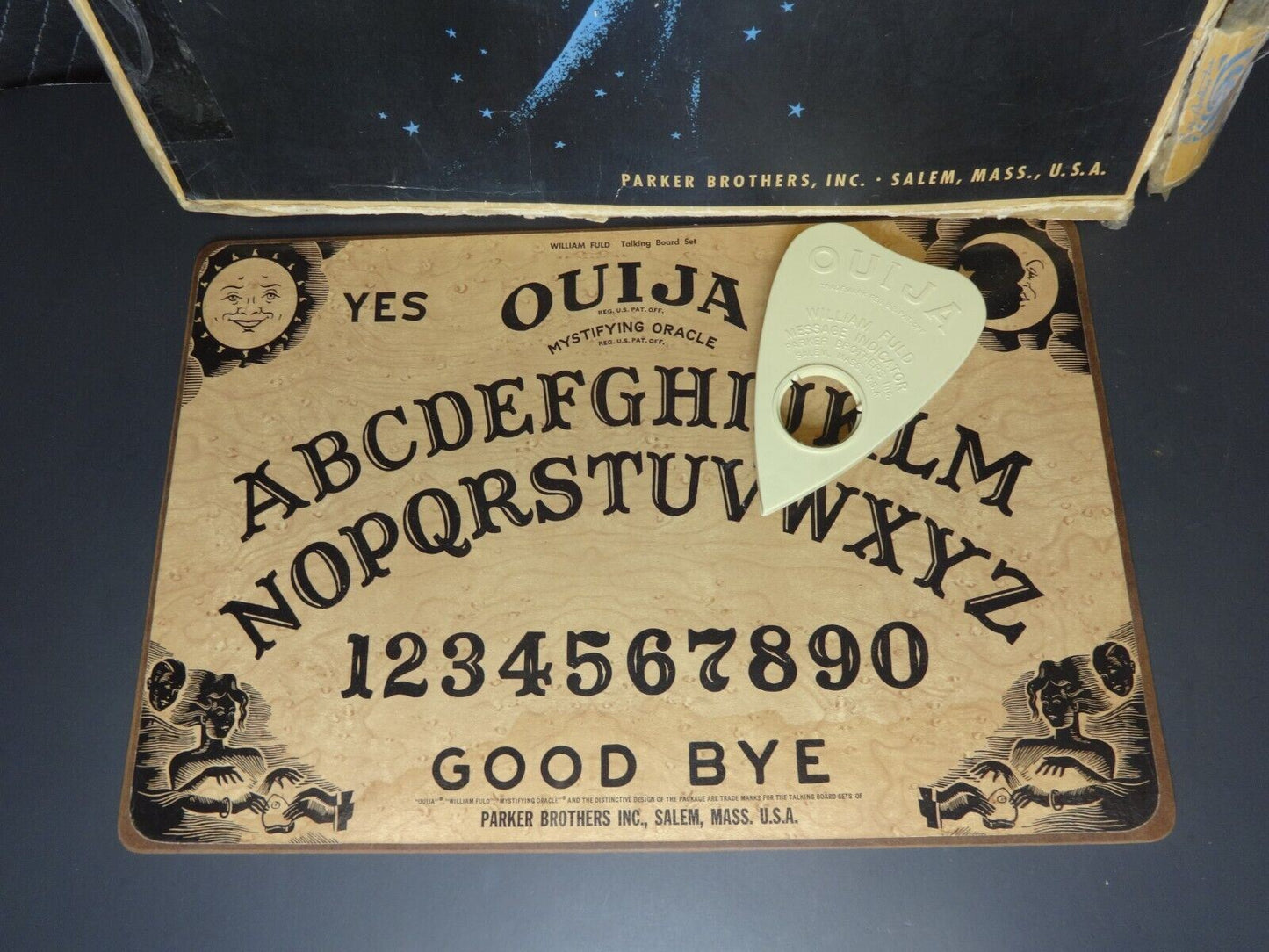 Vintage Ouija William Fuld Wood Board Game w/Planchette and Box