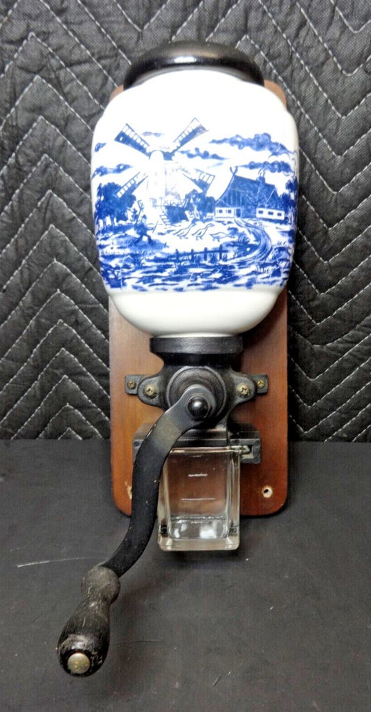 Vintage Dutch BLUE DELFT Wall Mount PORCELAIN Coffee MiLL Hand GRINDER WiNDMiLL