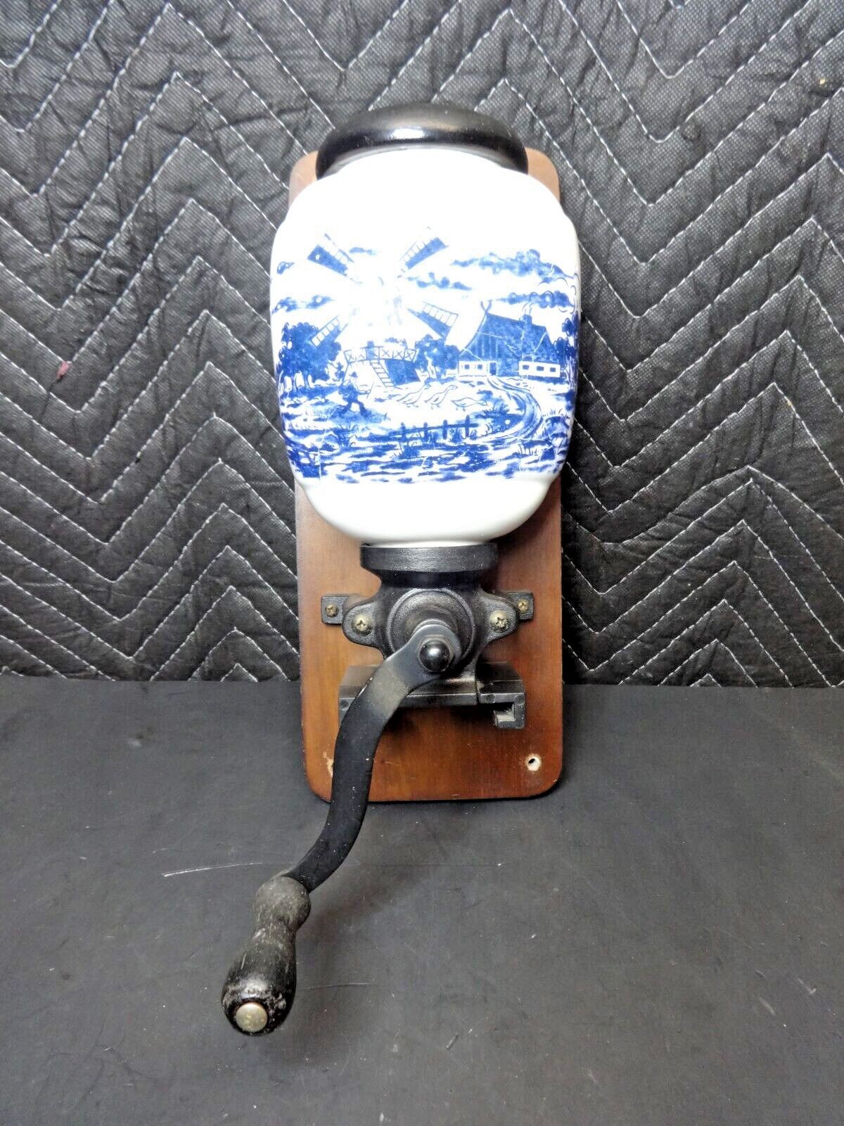 Vintage Dutch BLUE DELFT Wall Mount PORCELAIN Coffee MiLL Hand GRINDER WiNDMiLL