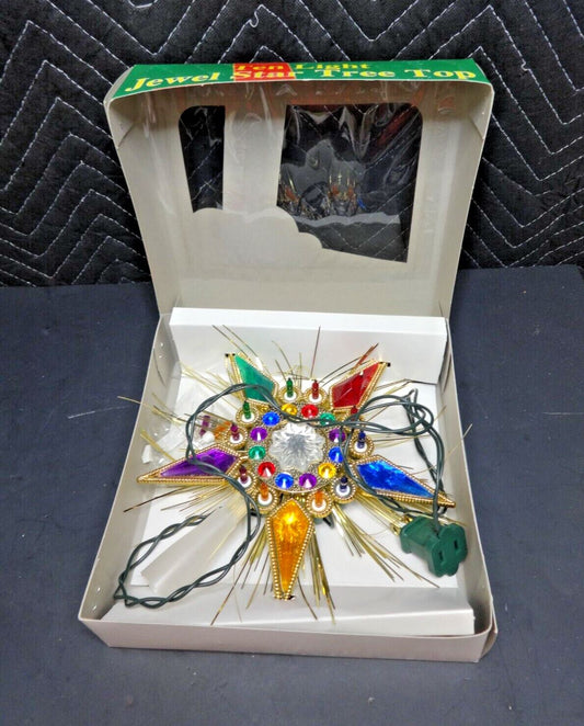 NOS Vintage Jeweled Star 11 Lite Christmas Tree Top Topper with Box Multicolored