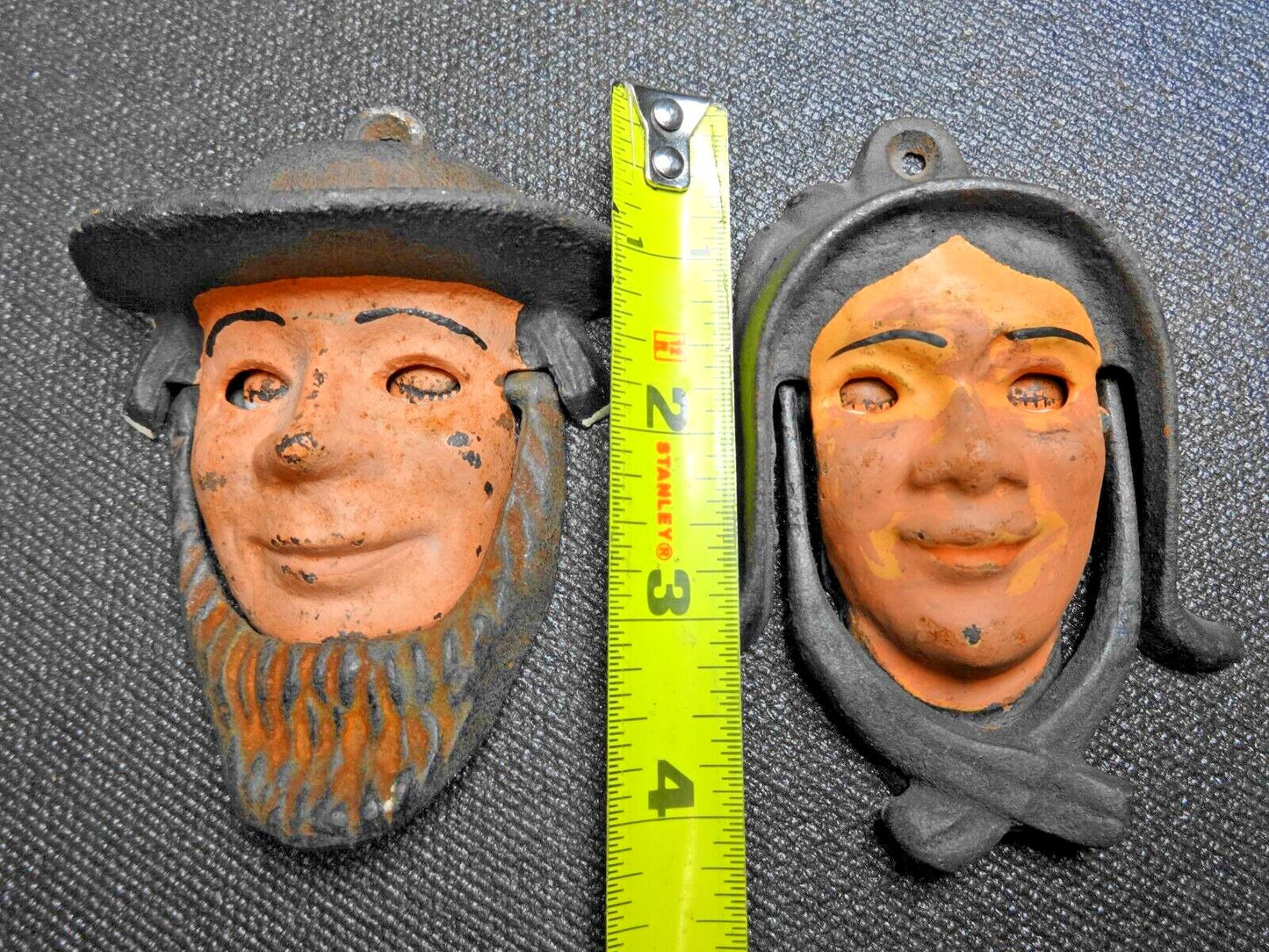 Vintage Wilton Cast Iron Amish Man Woman Door Knocker Eyes Open Close - Knockers