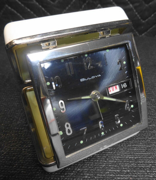 Vintage Bulova 30 Hour Key Wind Travel Alarm Clock, Black Face, Chrome Numbers