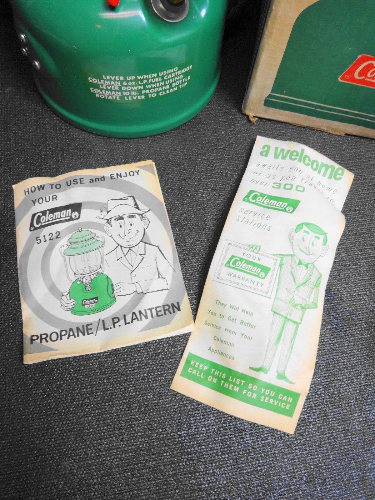 VTG NOS Coleman 5122-700 LP Gas Single Mantle Globe Lantern Green w/Box papers