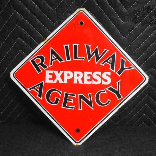 VINTAGE RAILWAY EXPRESS AGENCY TRAIN MOTOR OIL GASOLINE PORCELAIN SERVICE SIGN