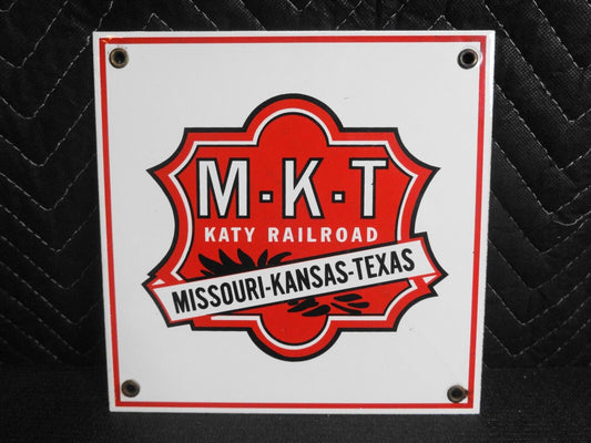 VINTAGE MKT RAILROAD PORCELAIN SIGN KATY OLD TRAIN RAILWAY TEXAS GAS OIL ENGINE