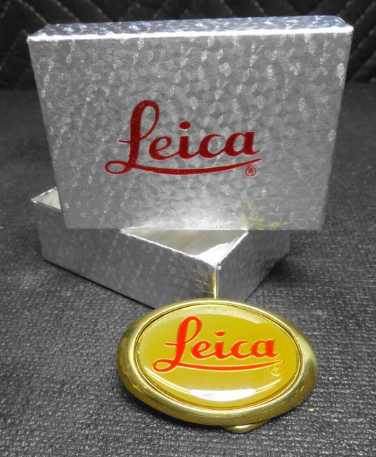 Vintage 1980's LEICA CAMERA Brass Belt Buckle for up to 1.25" Inch Belt w/ Box