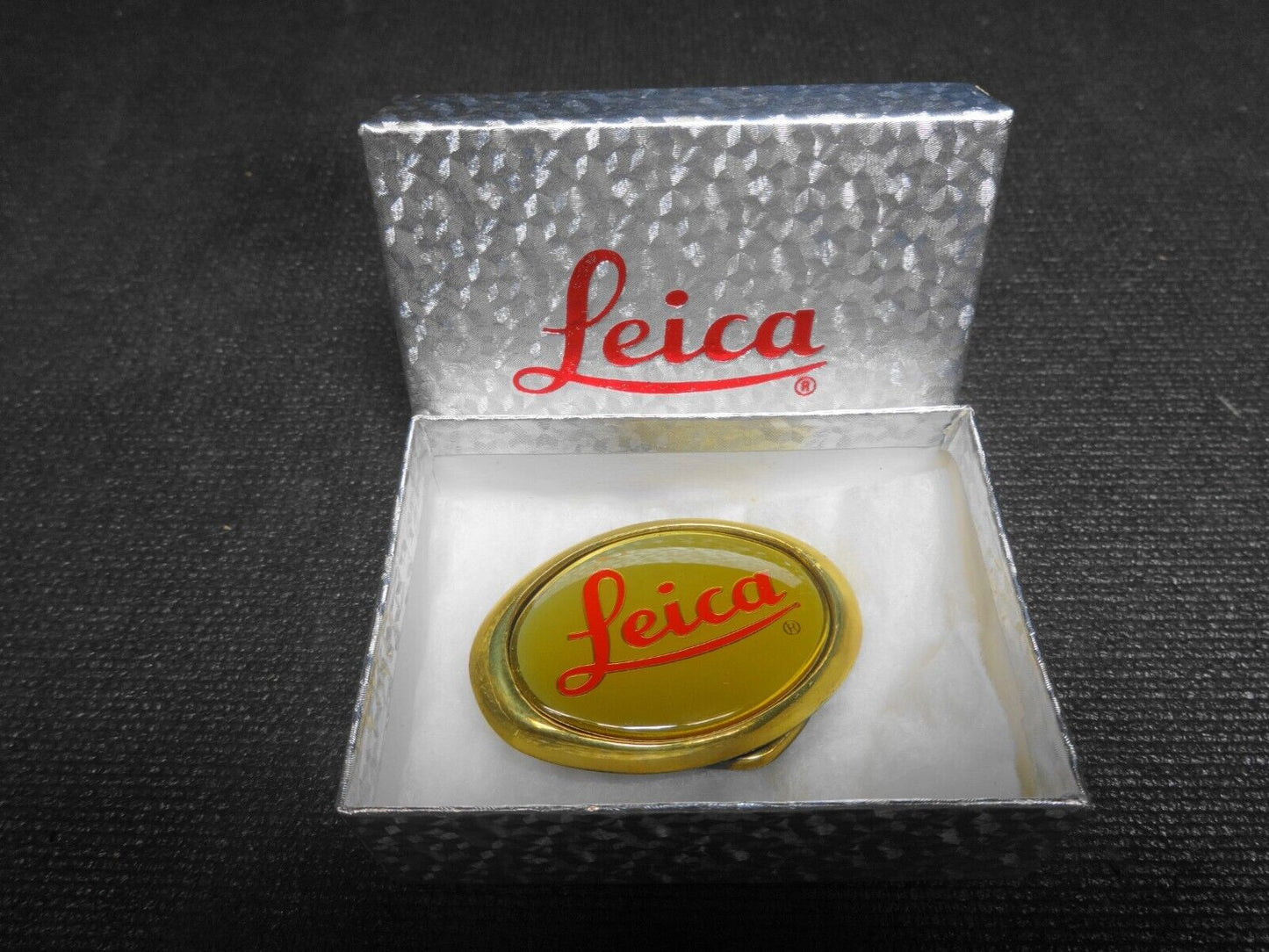 Vintage 1980's LEICA CAMERA Brass Belt Buckle for up to 1.25" Inch Belt w/ Box