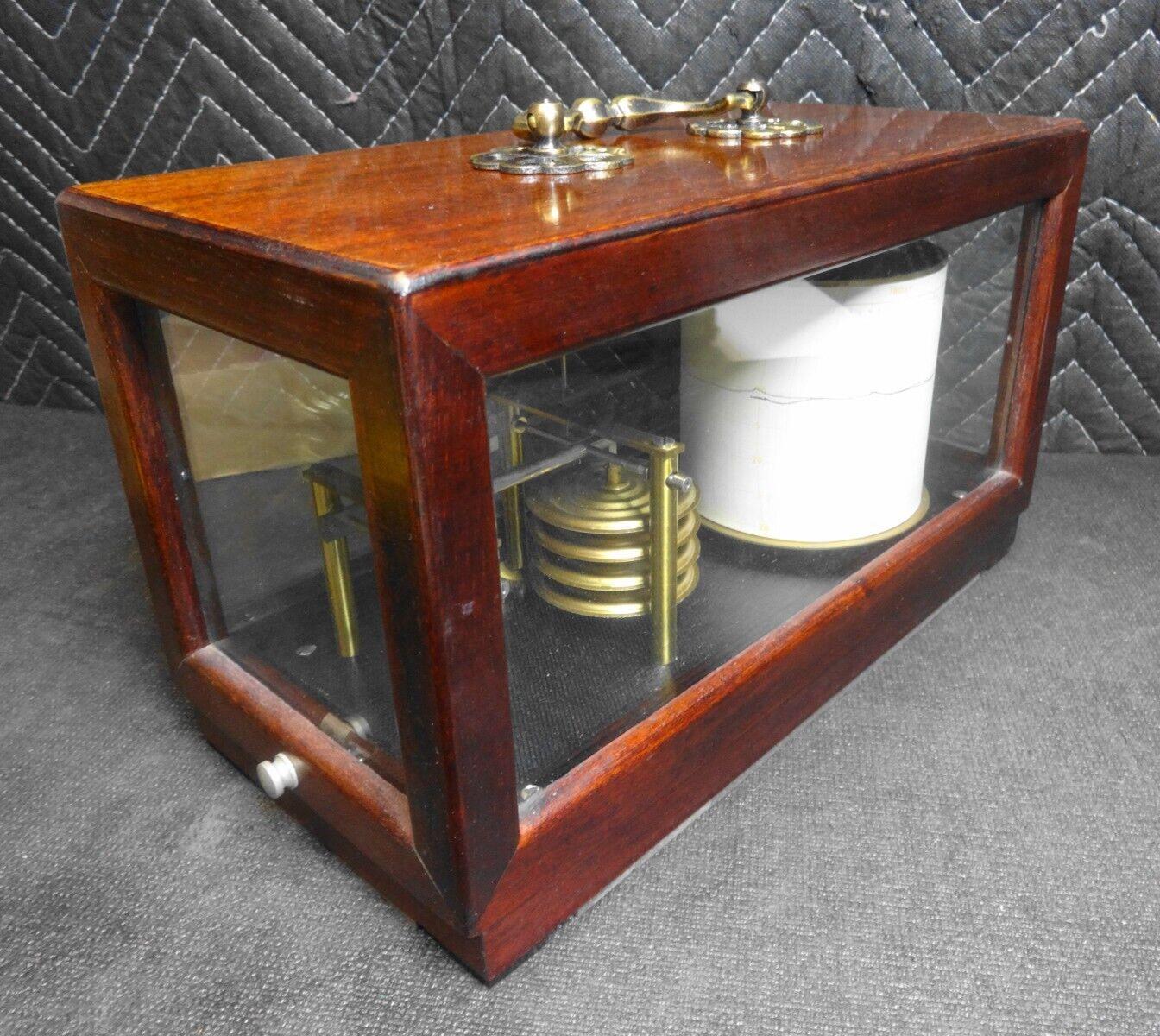 ANTIQUE BAROGRAPH MARINE RECORDER BAROMETER NAUDET WOOD MAHOGANY AND GLASS