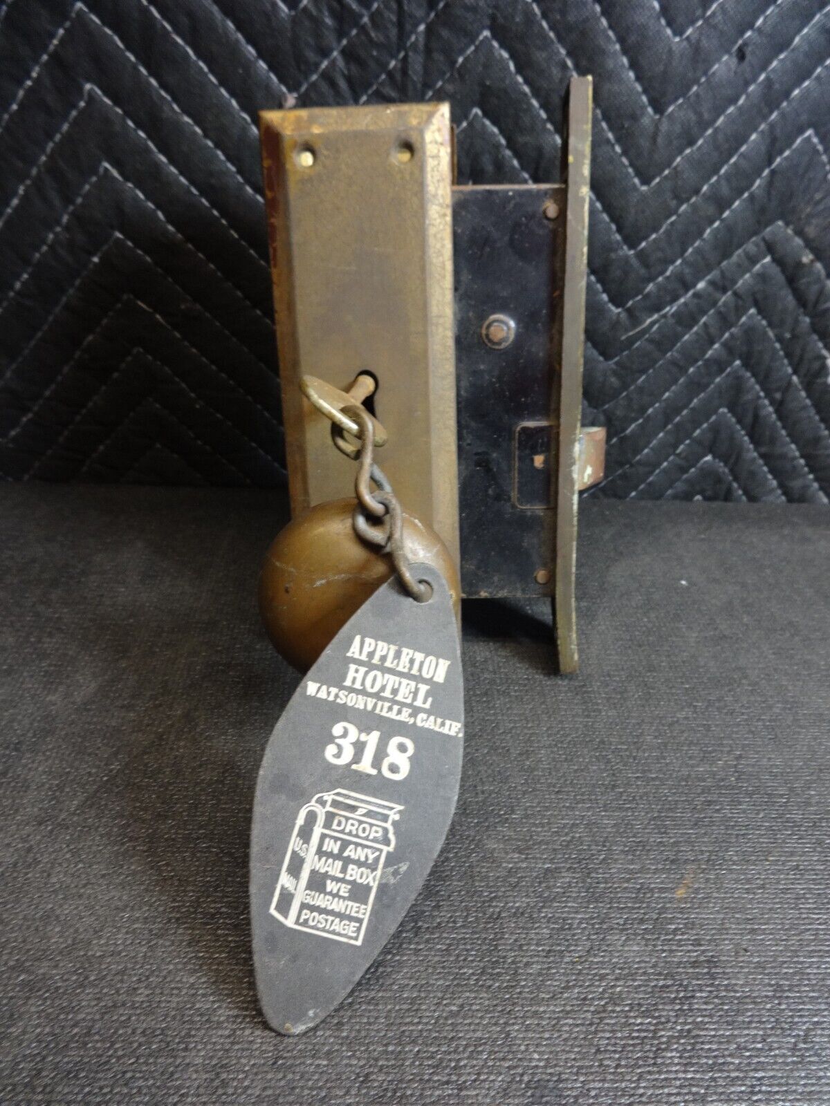 Antique Appleton Hotel Room Skeleton Key, Mortise Lock & FOB - Watsonville CA