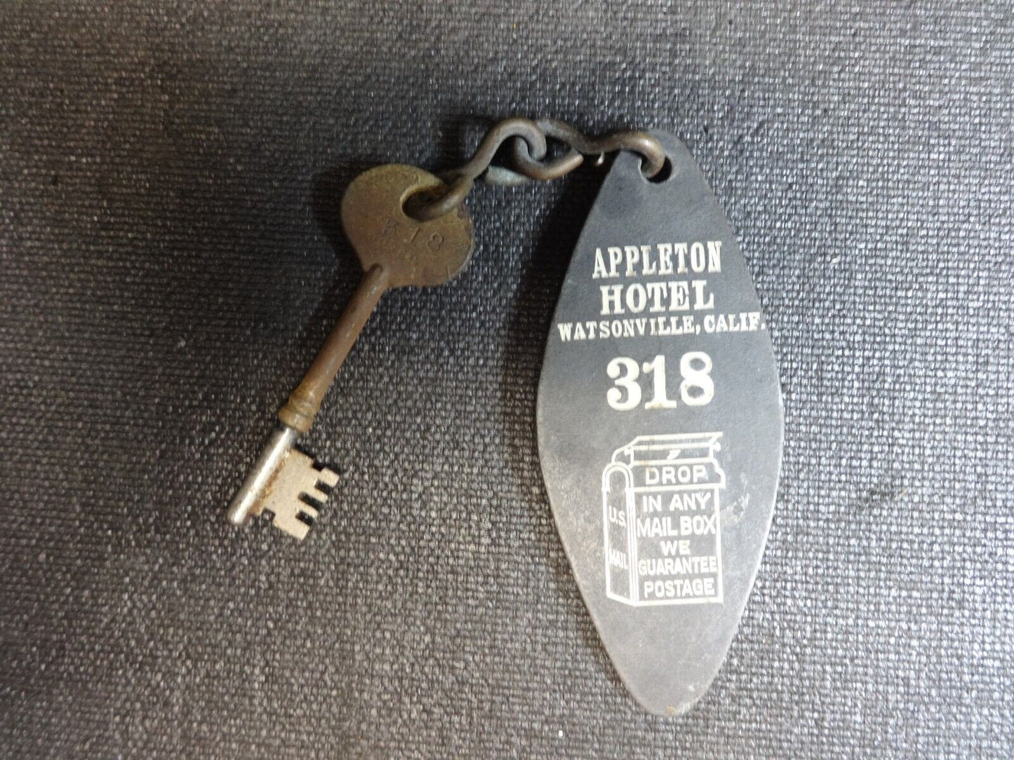 Antique Appleton Hotel Room Skeleton Key, Mortise Lock & FOB - Watsonville CA