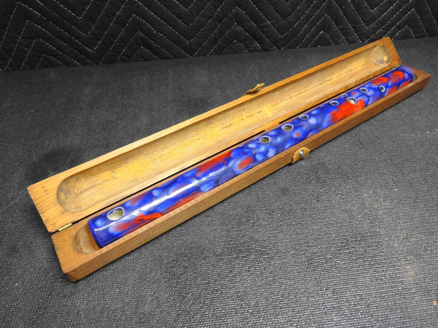 Vintage Blue Ceramic Flute with Wooden Case