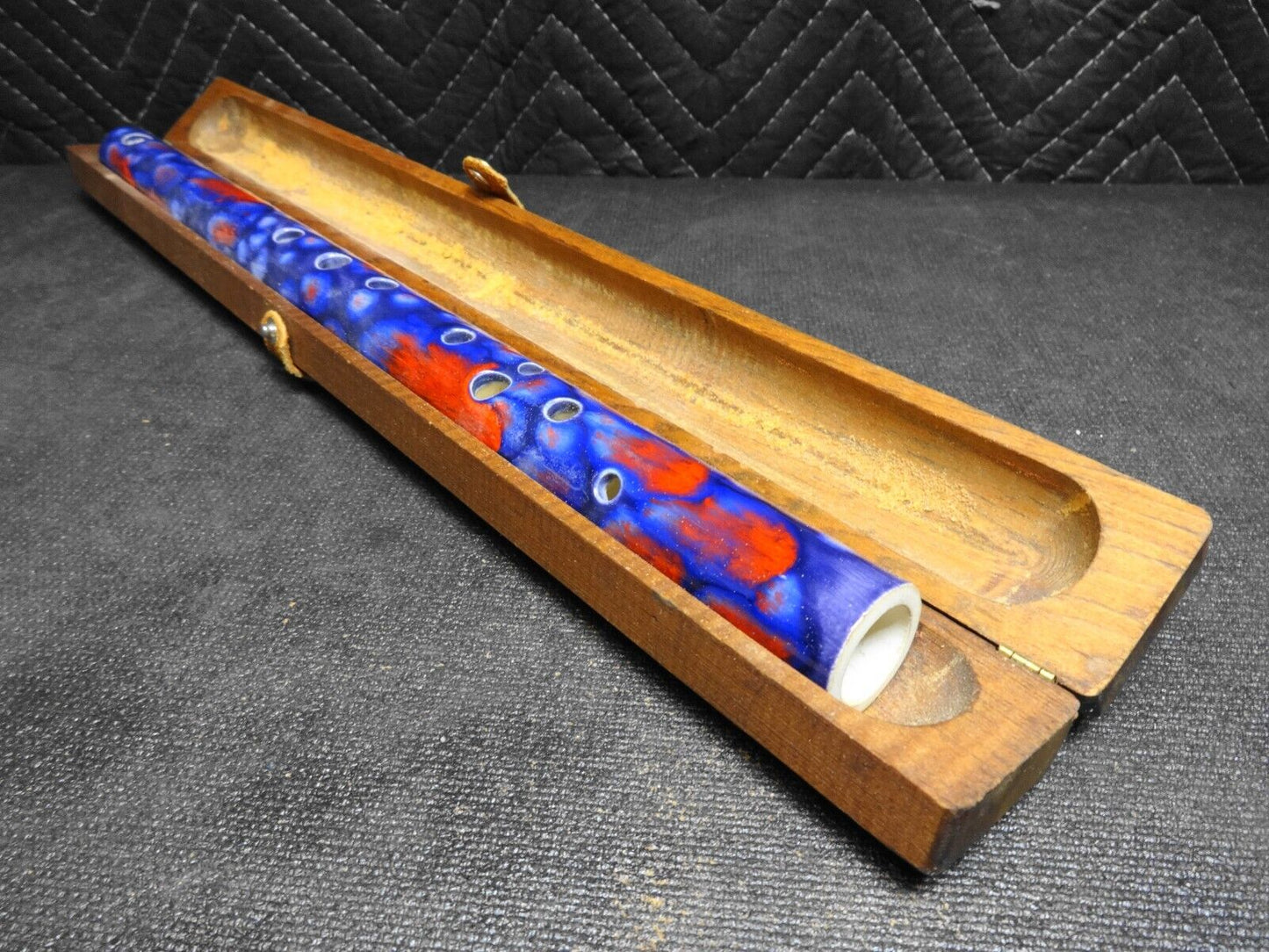 Vintage Blue Ceramic Flute with Wooden Case