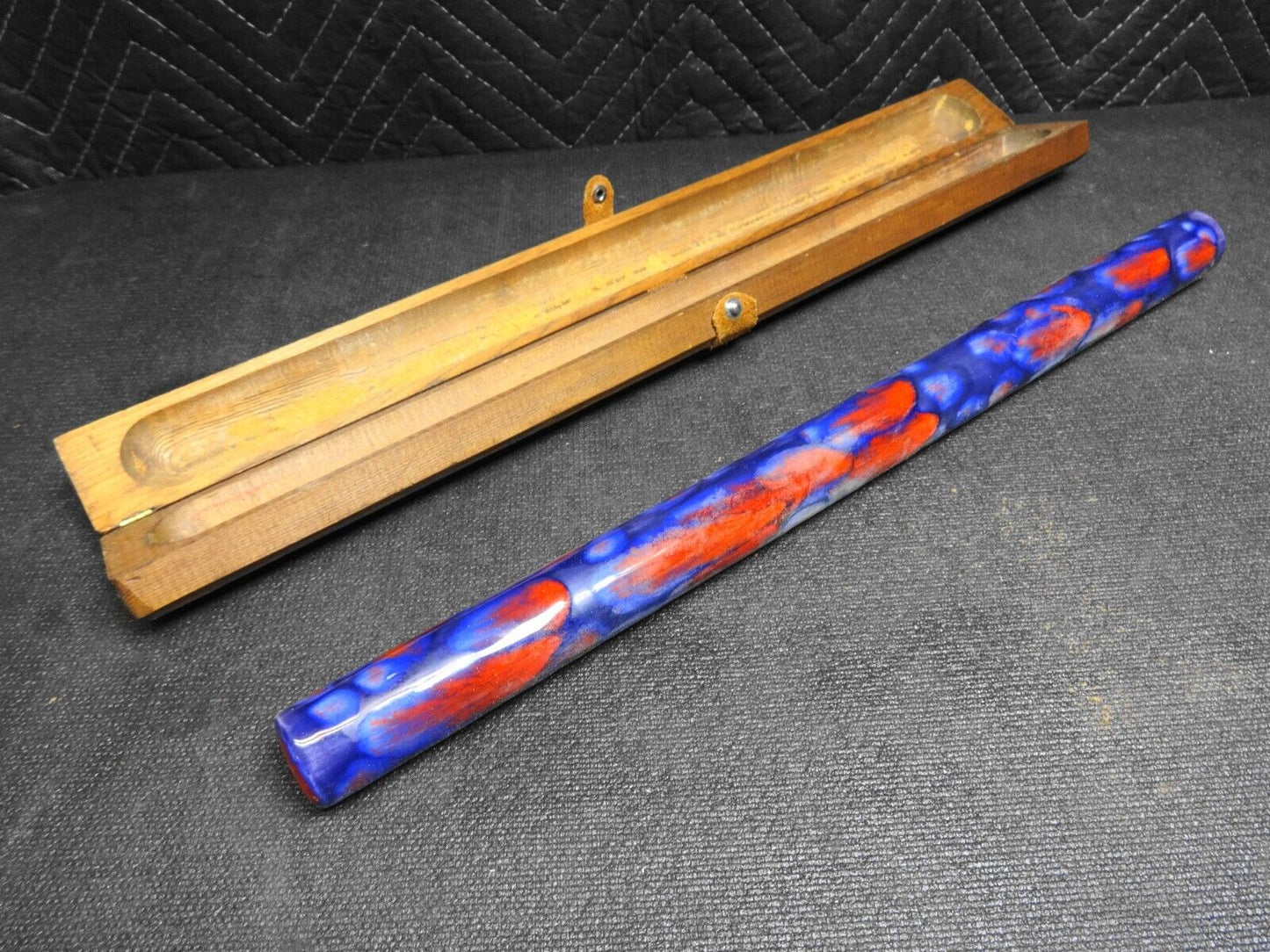 Vintage Blue Ceramic Flute with Wooden Case