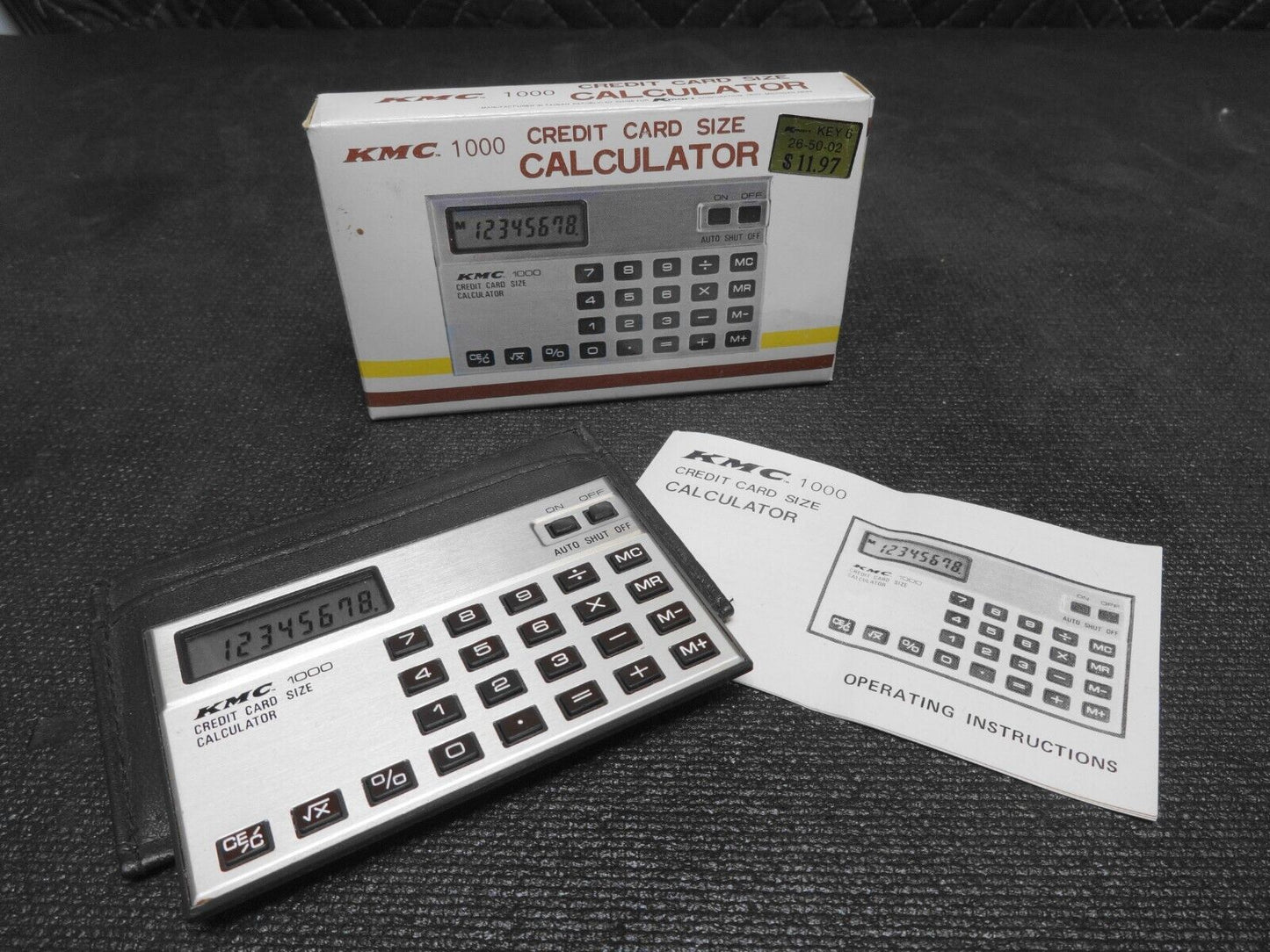 Vtg KMC 1000 Credit Card Size Calculator Thin Travel Size W Box, Manual, Pouch