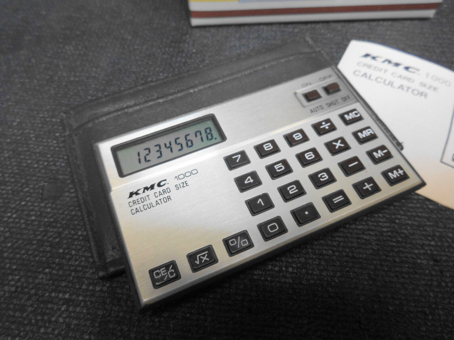 Vtg KMC 1000 Credit Card Size Calculator Thin Travel Size W Box, Manual, Pouch