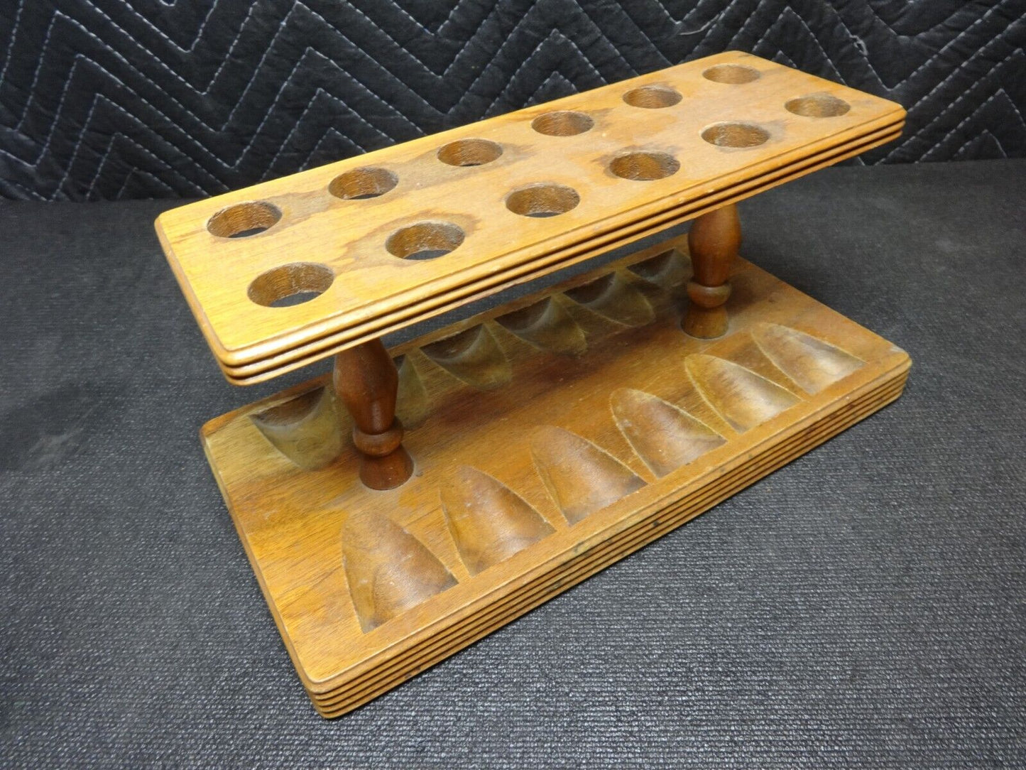 Vintage Tobacco Pipe Wood Rack Stand Holder 12 Slot Solid Wood